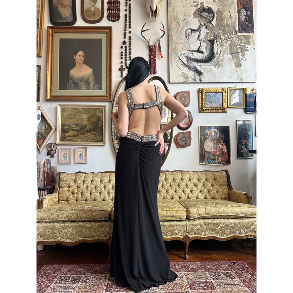 Y2K Black and Sequin High Slit Backless Maxi Dress w Pink Underlay Size Medium - Picture 3 of 11